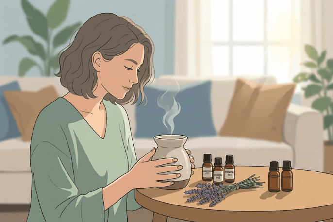 Mulher usando difusor de óleos essenciais para ansiedade em casa